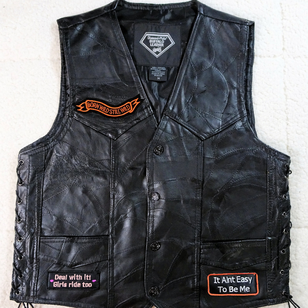 Biker Motorcycle Black Leather Vest w/ Patches Med